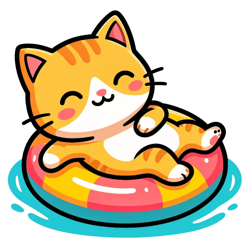 Lighthearted Cartoon Cat with Closed Eyes Smile on Swim Float with Ripples