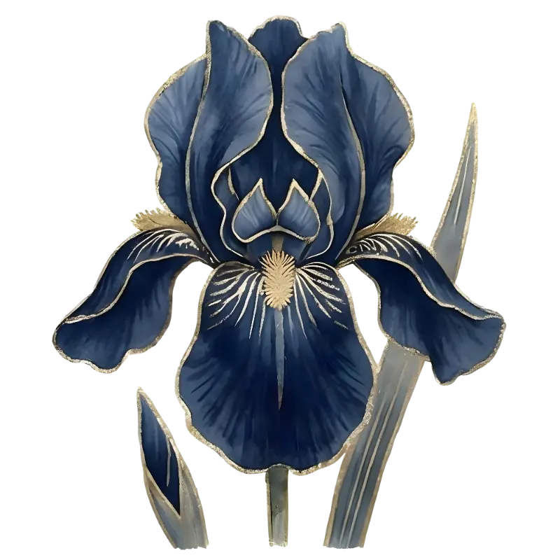 Deep Blue Iris Flower with Metallic Gold Watercolor Texture