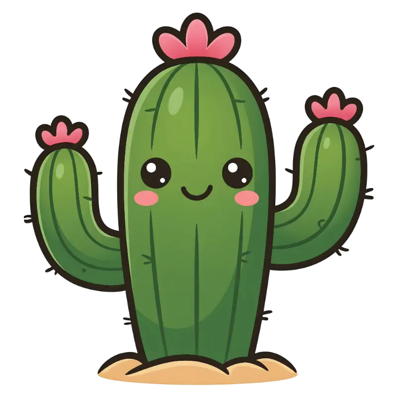 Kawaii Smiling Cactus Character with Pink Flowers and Blush