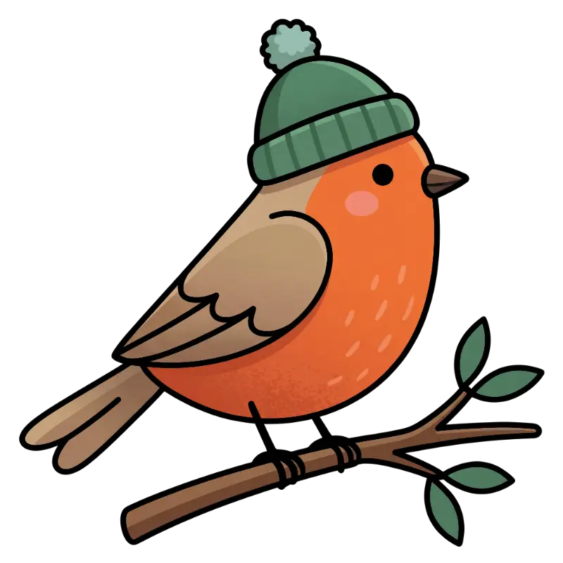 Cozy Orange Bird with Beanie Perched on a Branch Illustration