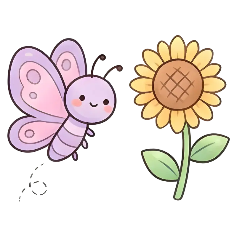 Kawaii Cartoon Smiling Butterfly and Pastel Sunflower Sticker