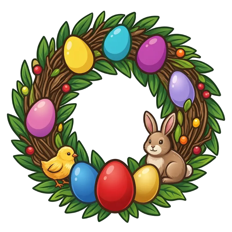 Festive Spring Easter Wreath Illustration with Bunny, Chick, and Bright Eggs