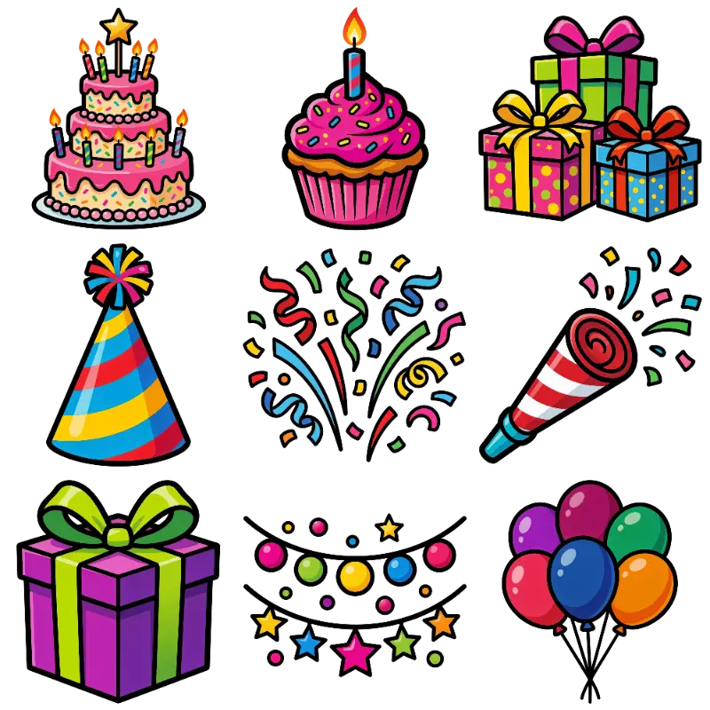 Cartoon Birthday Cake Cupcake Party Hat Confetti Balloons