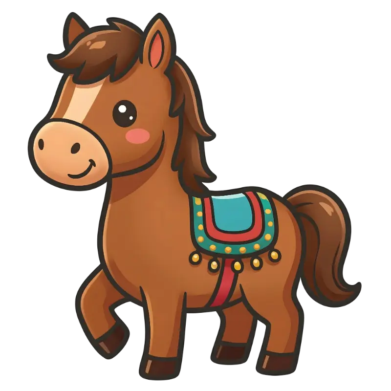 Cute Cartoon Brown Horse with Rosy Cheeks and Decorative Teal Saddle