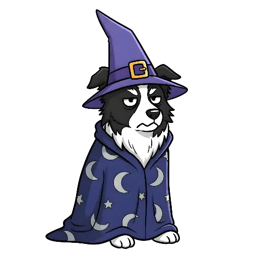 Cartoon Grumpy Dog Wizard Illustration with Moons and Stars