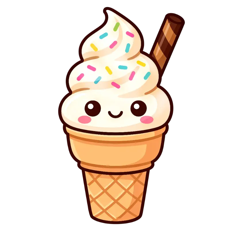 Kawaii Soft-Serve Ice Cream Character with Sprinkles and Wafer
