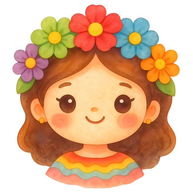 Cute Illustration of a Happy Girl with Large Eyes and a Vivid Flower Crown