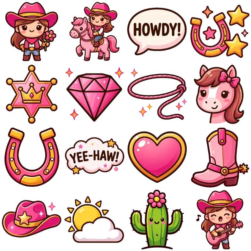 Kawaii Pink Western Cowgirl Characters and Symbols
