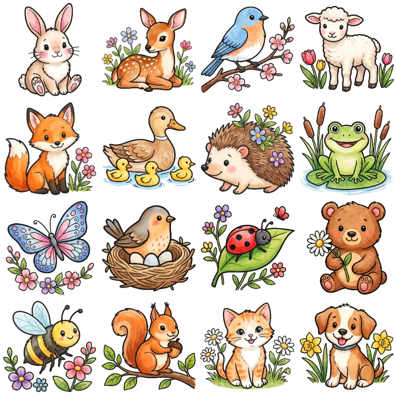 Whimsical Baby Animals and Insects with Floral Details