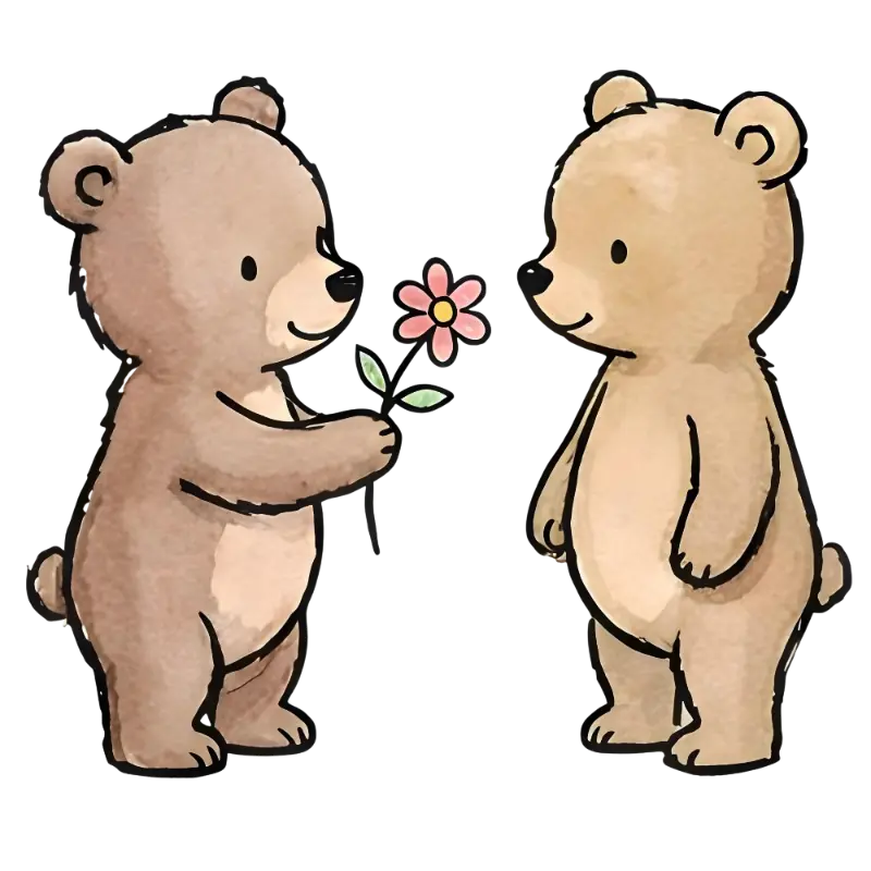 Friendly Hand-drawn Watercolor Bears Presenting a Pink Flower