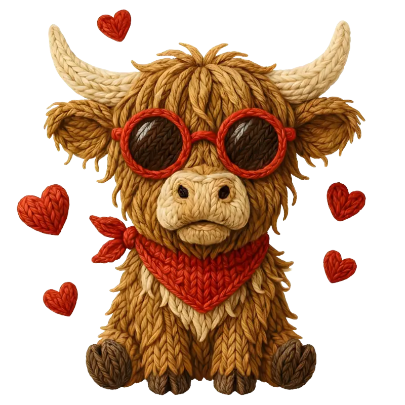 Cute Knitted Highland Cow with Sunglasses & Bandana Design