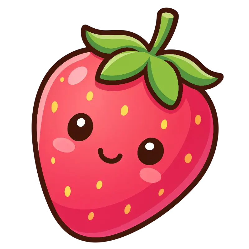 Playful Kawaii Strawberry Illustration with Large Eyes and Blush