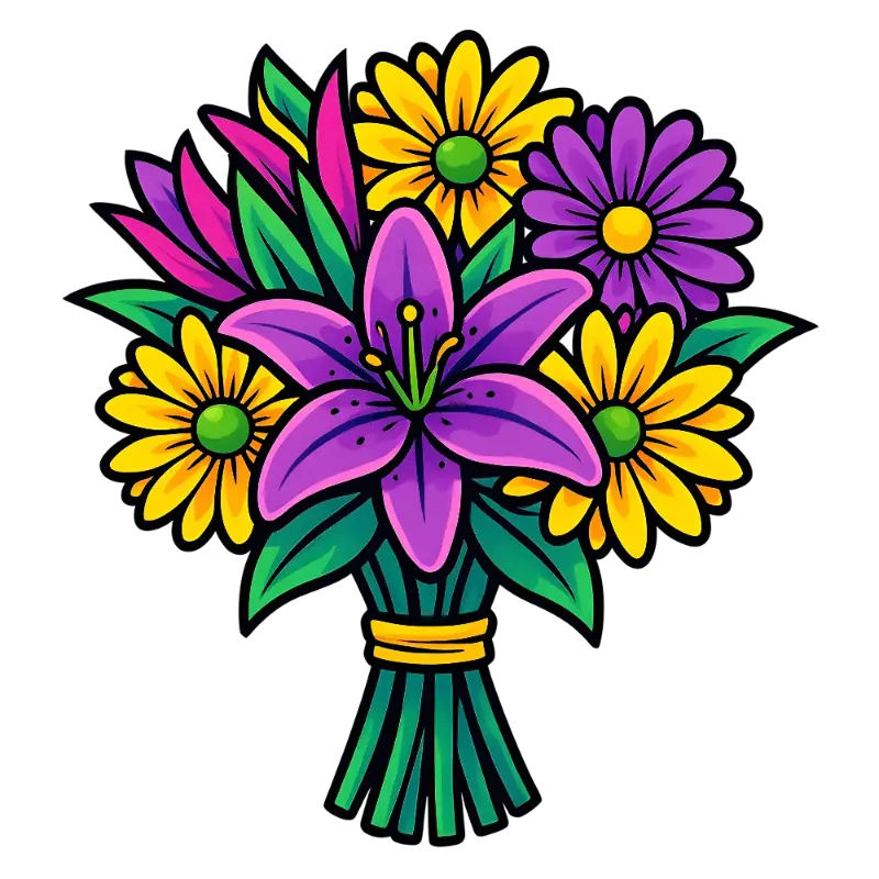 Vibrant Cartoon Floral Bouquet featuring a Purple Lily
