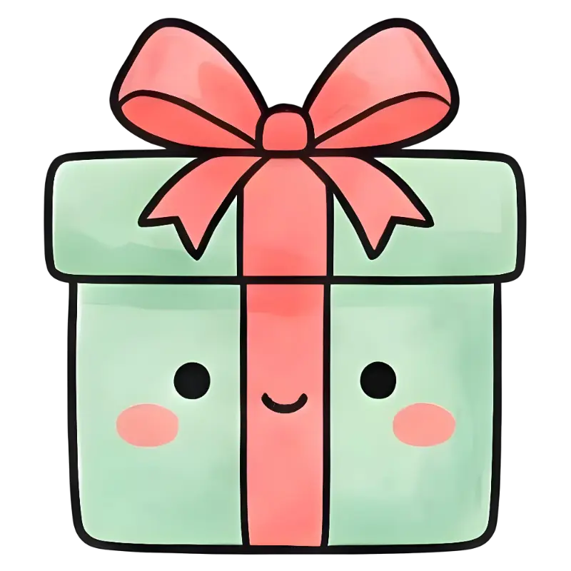 Cute Kawaii Gift Box Illustration with Mint Green and Pink Bow