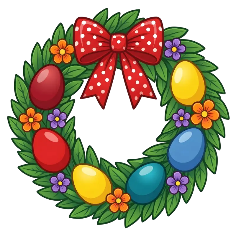 Cartoon Easter Wreath with Red Polka Dot Bow and Gradient Eggs