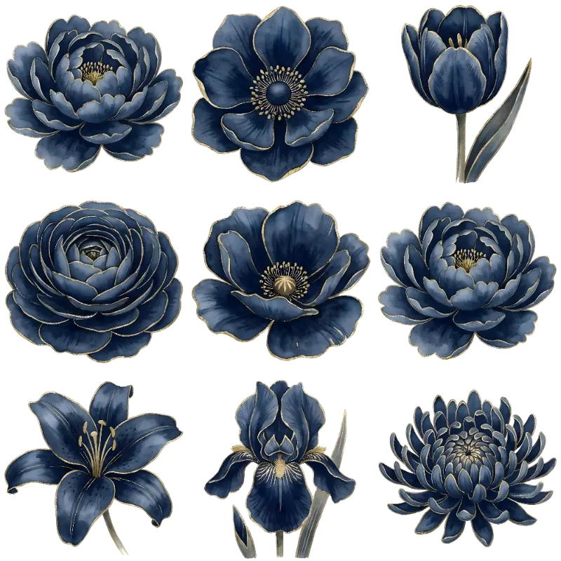 Gilded Navy Blue Watercolor Botanical Floral Elements