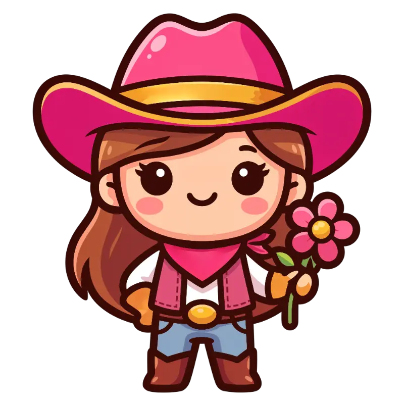 Cute Kawaii Cowgirl Character with Pink Hat and Flower