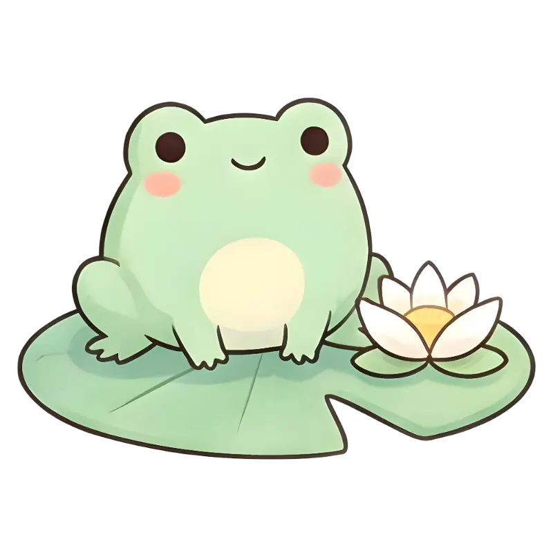 Kawaii Frog on Lily Pad with Lotus Flower Illustration
