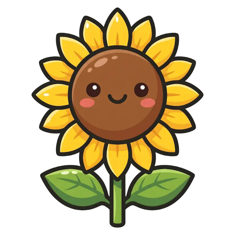 Playful Cute Sunflower Character with Thick Outlines and Rosy Cheeks