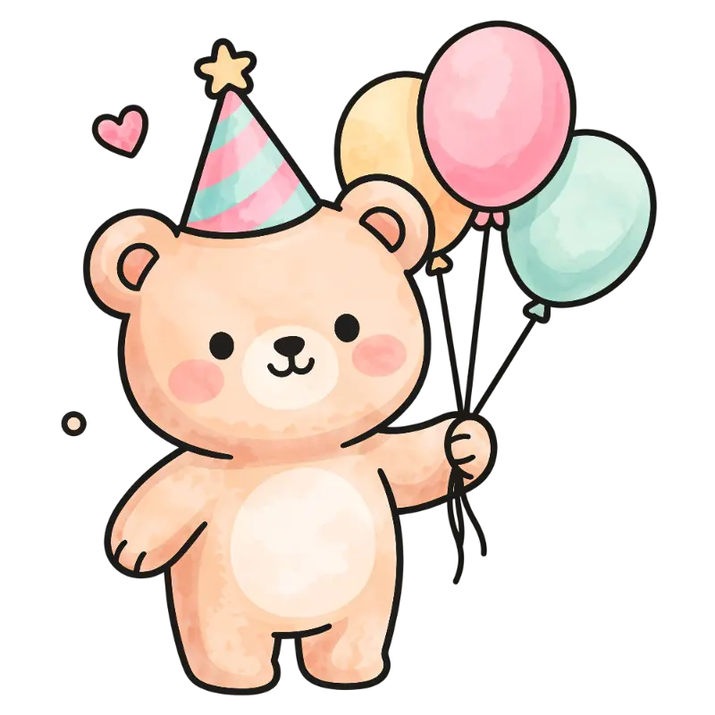 Playful Watercolor Bear with Party Hat and Balloons
