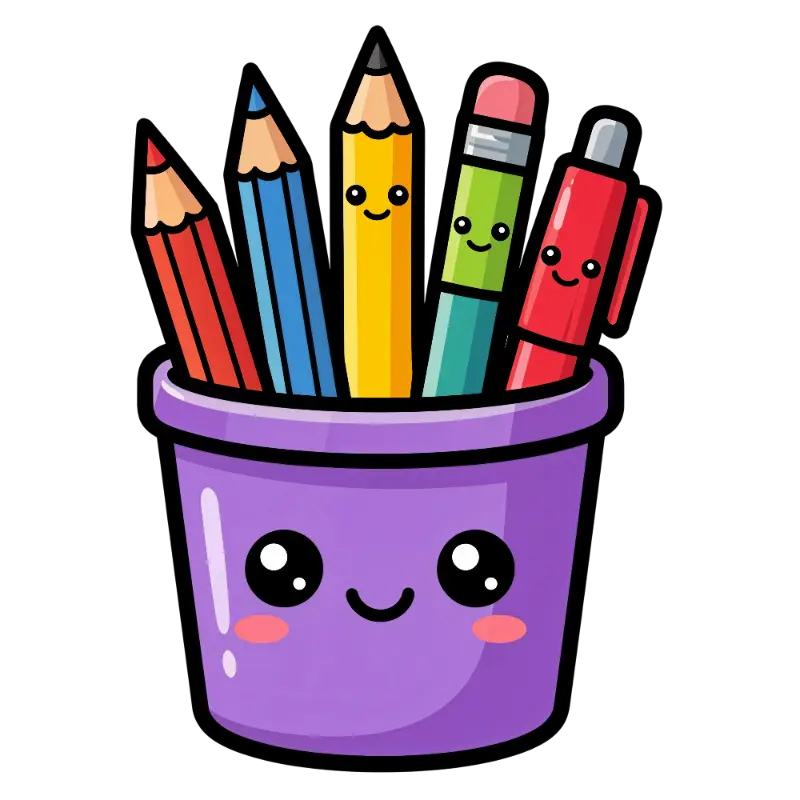 Charming Outline Art of Smiling Pencils and Pens in a Cup