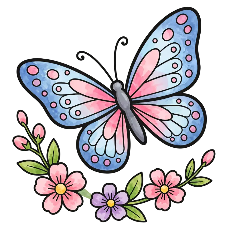 Whimsical Watercolor Butterfly with Floral Wreath