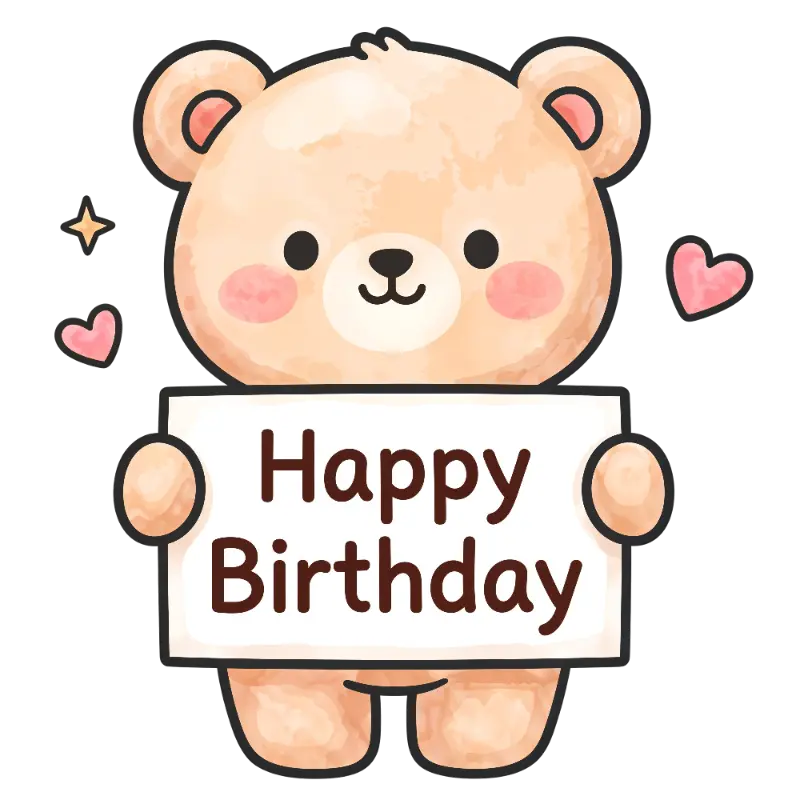 Cute Watercolor Bear with Birthday Sign and Hearts