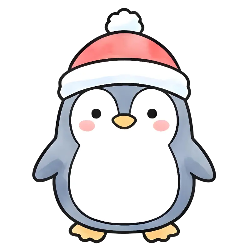 Kawaii Watercolor Penguin with Red Winter Hat Graphic