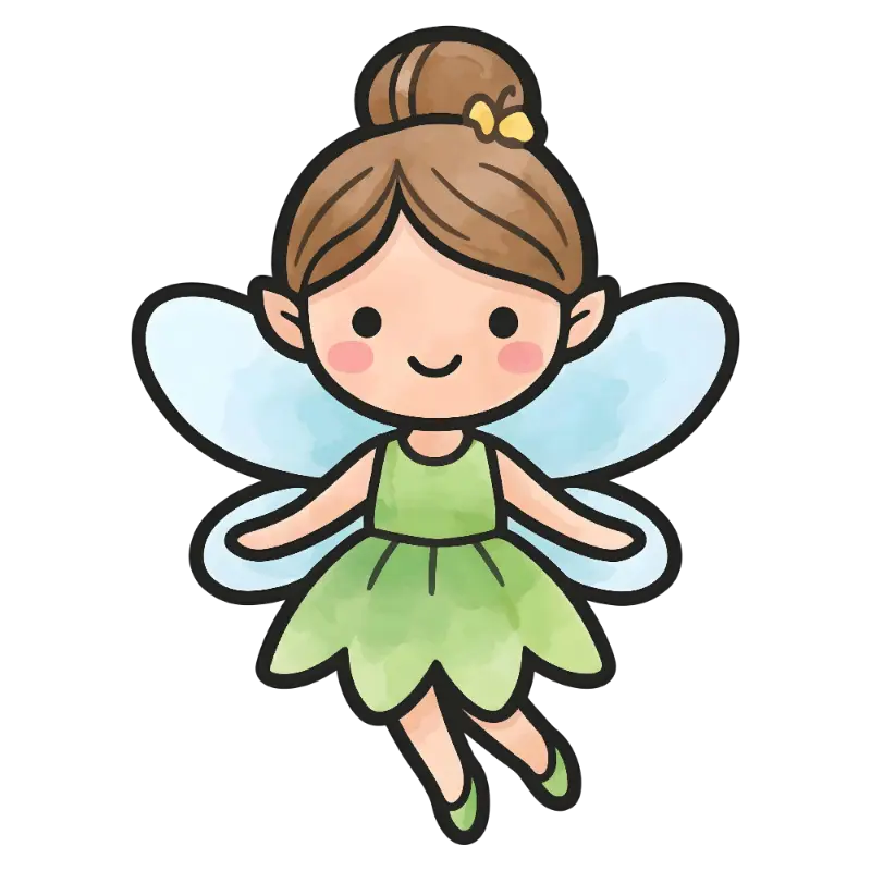 Cute Watercolor Fairy Character with Green Dress and Wings