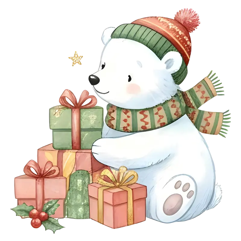 Cute Watercolor Polar Bear with Christmas Gifts Graphic