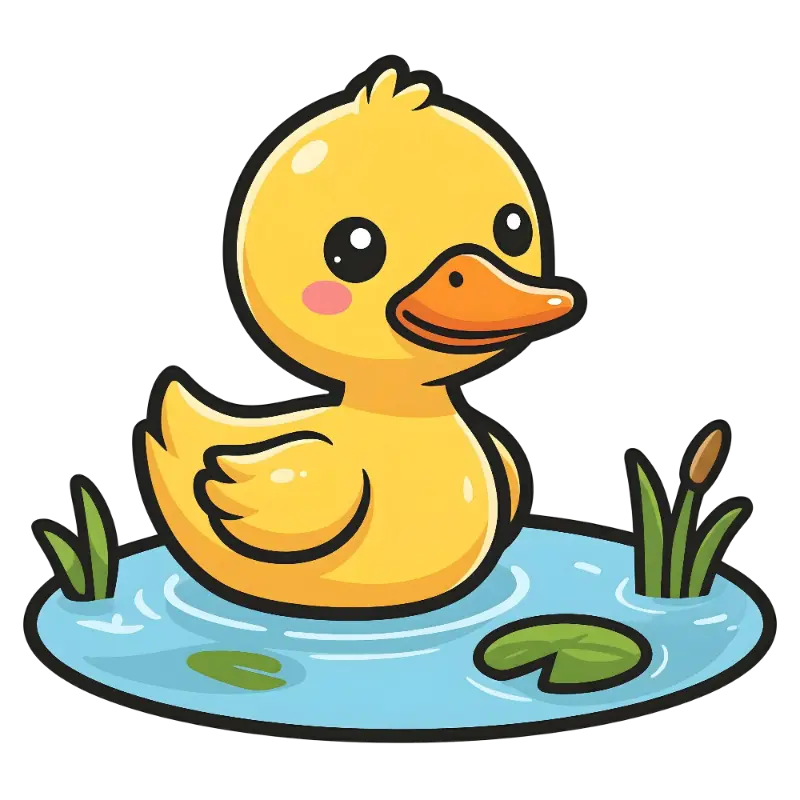 Yellow Cartoon Duck with Water Ripples and Lily Pad