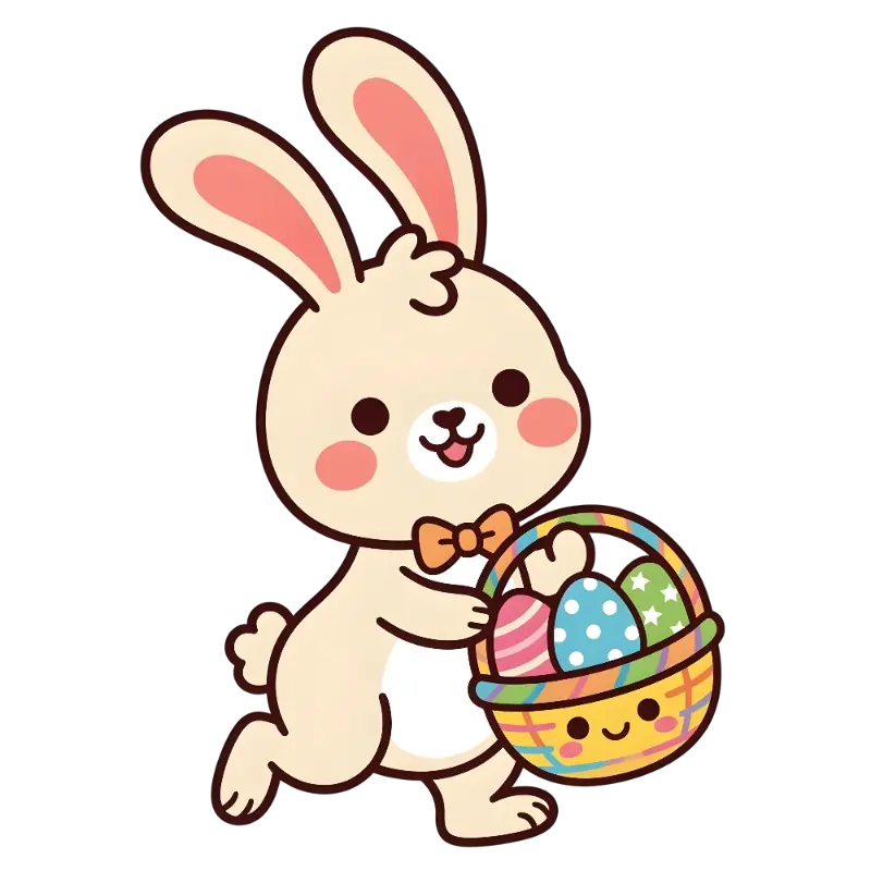 Kawaii Smiling Bunny with Easter Basket Illustration