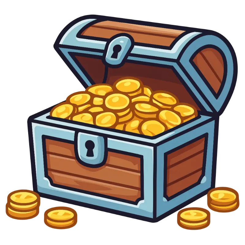 Rewarding Cartoon Open Wooden Chest with Metal Bands and Gold Coins