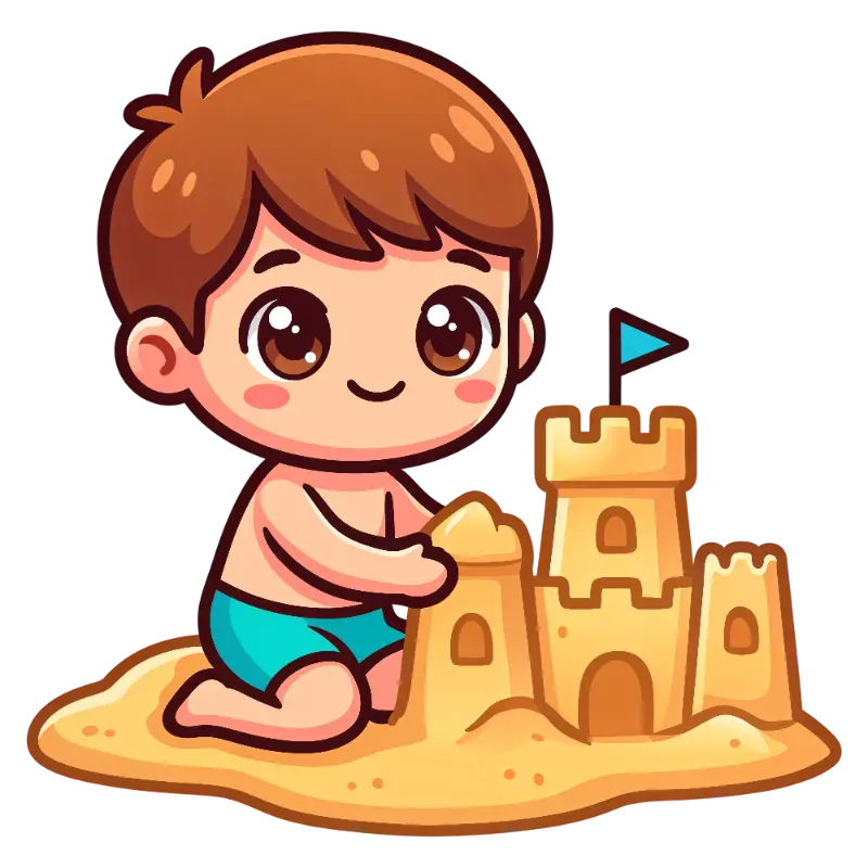 Innocent Cartoon Boy Building Sandcastle with Turquoise Flag