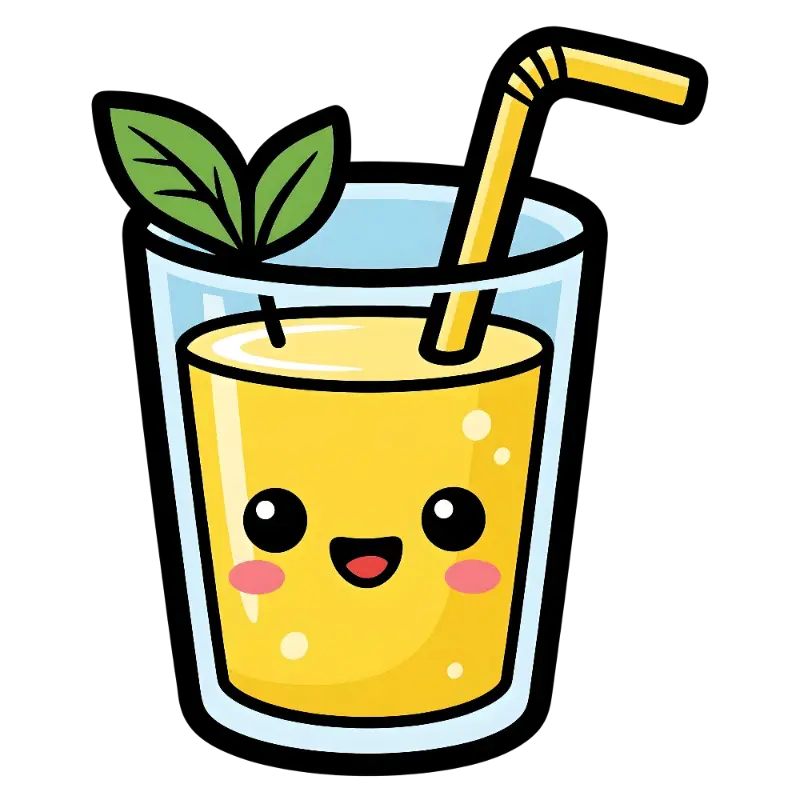 Smiling Kawaii Juice Character with Straw and Mint Leaves