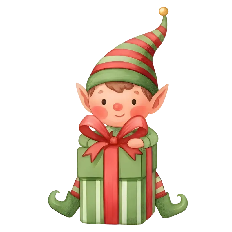 Cute Watercolor Christmas Elf Gift Box Illustration