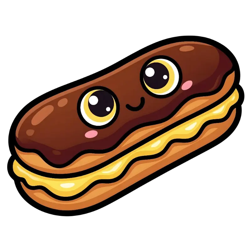 Kawaii Dessert Eclair Character with Big Sparkly Eyes and Smile