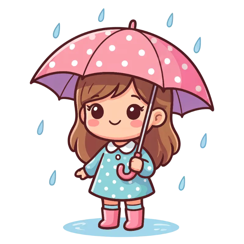 Cute Chibi Girl Standing in Puddle with Pink Polka Dot Umbrella