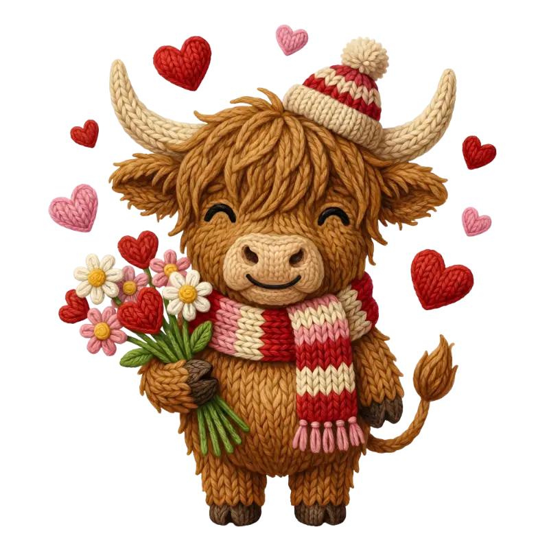 Knitted Highland Cow Graphic with Cozy Hat, Scarf & Valentine Hearts
