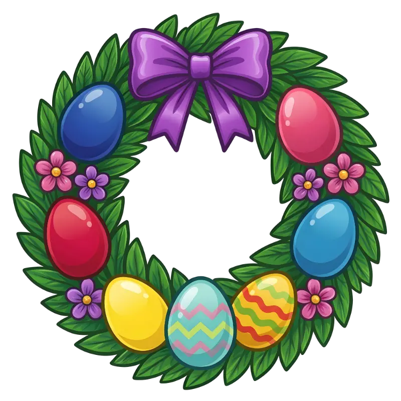 Vibrant Cartoon Floral Wreath with Easter Eggs and Purple Bow