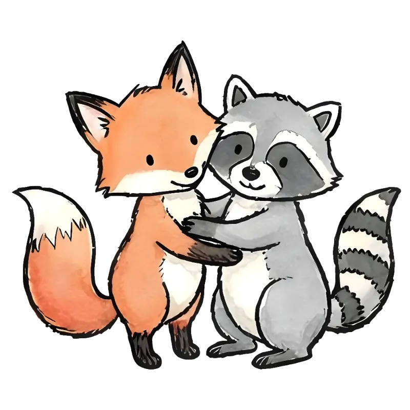 Cute Hand-drawn Watercolor Fox and Raccoon Hugging Illustration