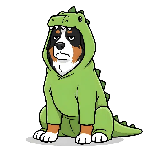 Cartoon Grumpy Dog in Dinosaur Costume Graphic for Dog Lovers