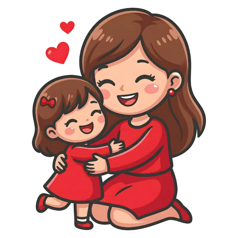 Chibi Mother and Child Happy Hugging Hearts Illustration
