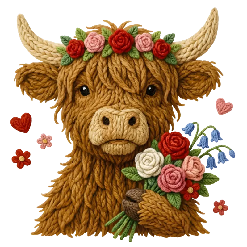 Textile Art Knitted Highland Cow with Flowers for Nursery Decor