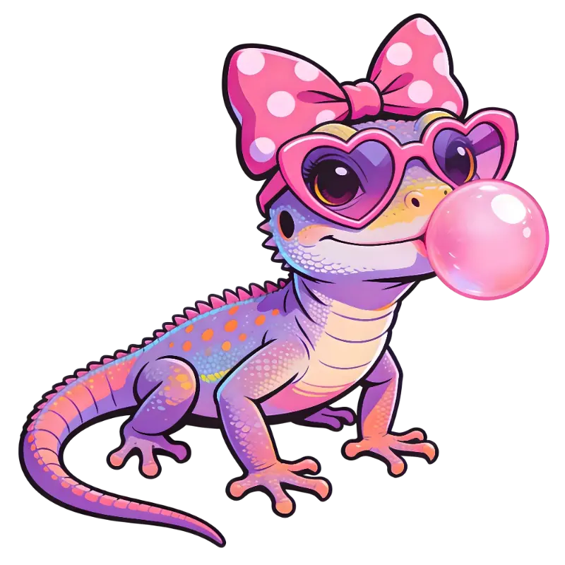 Playful Cartoon Gecko with Heart Sunglasses and Bubblegum