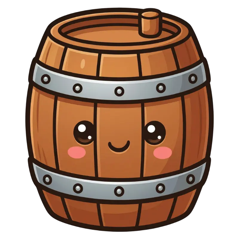 Whimsical Kawaii Wooden Barrel Character with Expressive Face