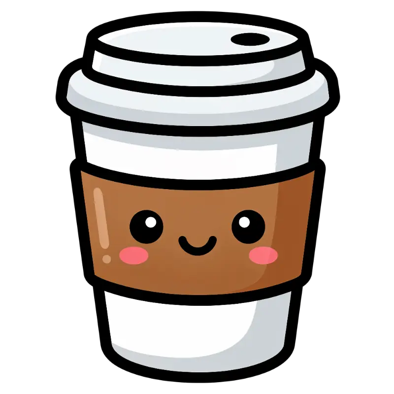 Cute Playful Coffee Cup Character with Kawaii Face and Bold Outlines