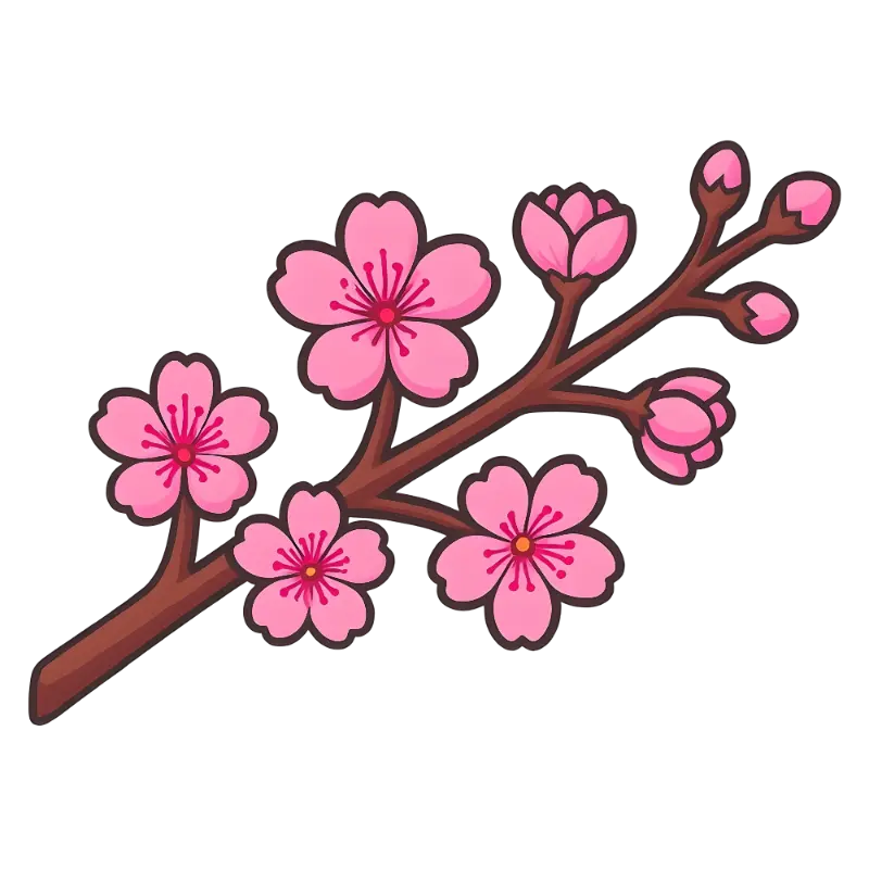 Simple Kawaii Cherry Blossom Branch with Pink Blooms and Buds