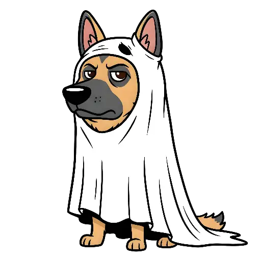 Grumpy Cartoon Dog in Ghost Costume Halloween Illustration