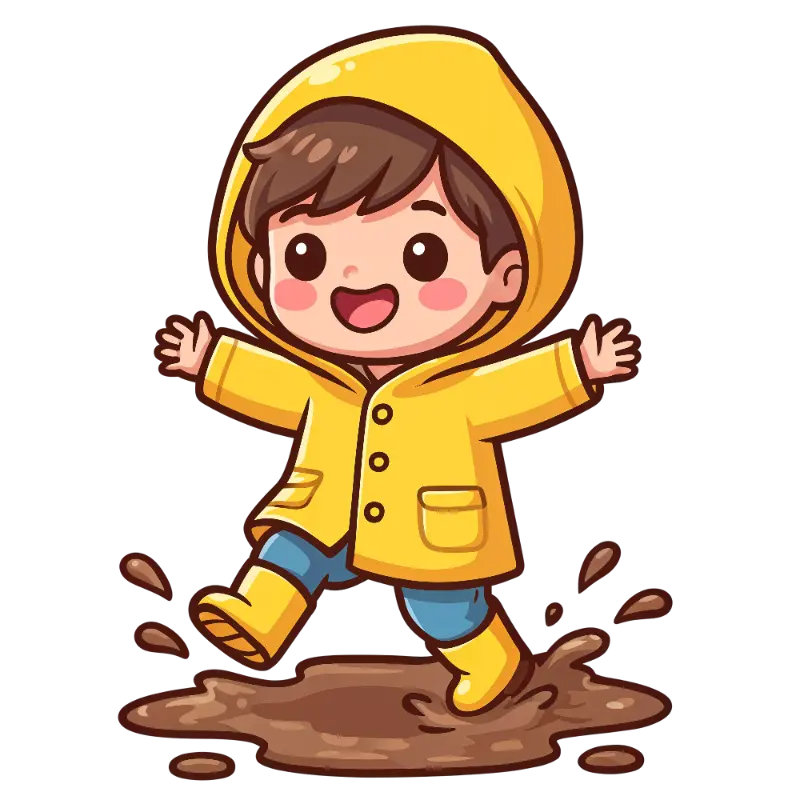 Cute Child Character in Yellow Raincoat Splashing Puddle